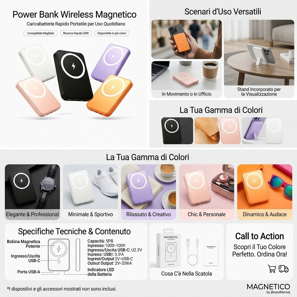 Power bank magnetico 5000mAh, vista laterale con porta USB-C