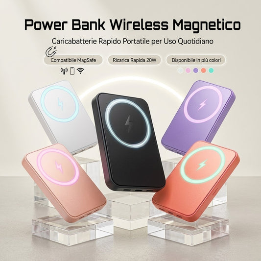 Power Bank Magnetico Wireless 5000mAh MagSafe Compatibile con Anello Magnetico